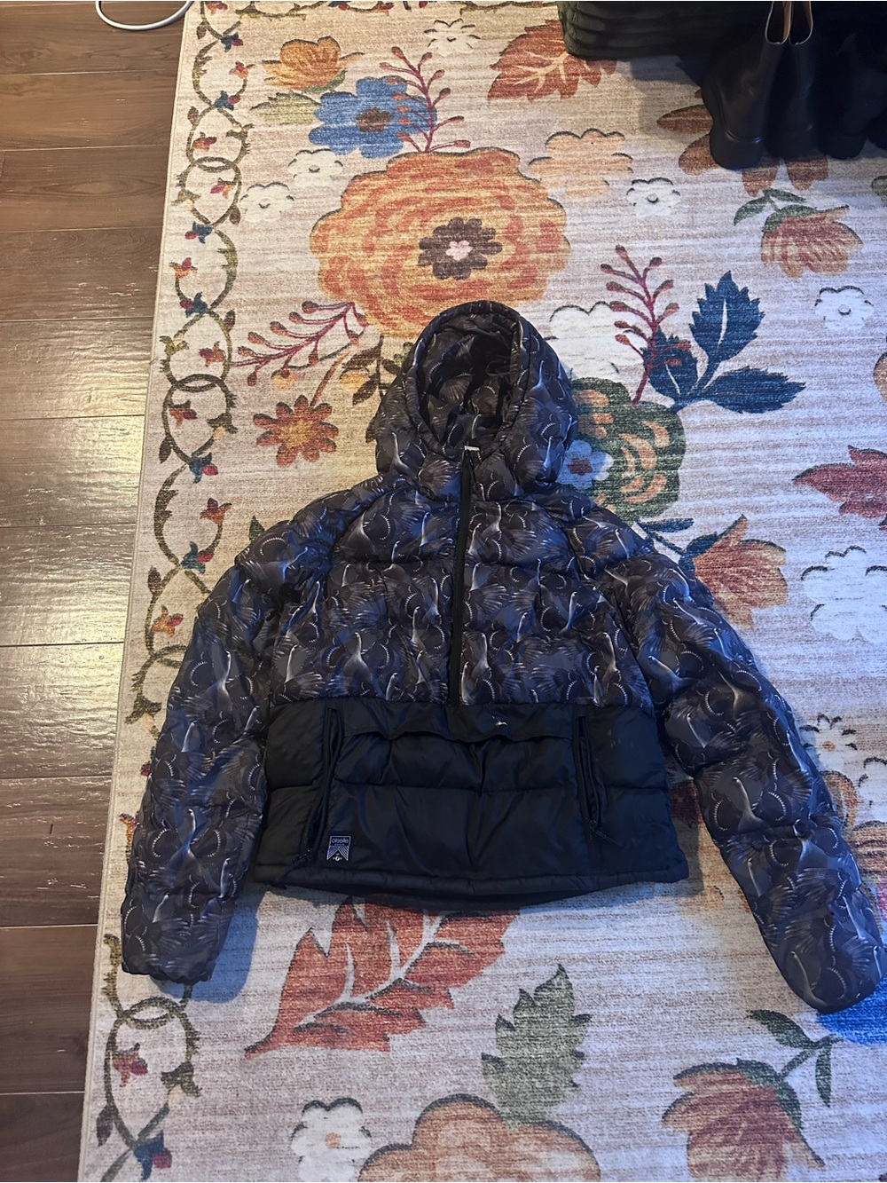 oiselle Black Goose printed Quilted Hooded Puffer Jacket with Hood